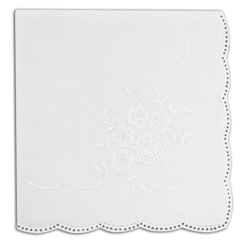White Cotton Curved Edge Hanky with embroidered basket design hemstitched with holes for attaching Tatted or crocheted edging