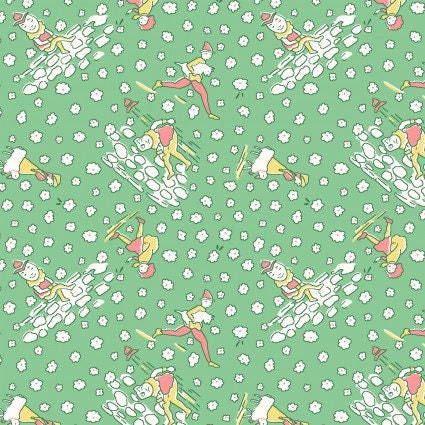 Story Time Humpty Dumpty in green by Maywood Studio. Quilter's Cotton Fabric with vintage style for sewing. Continuous Cuts.