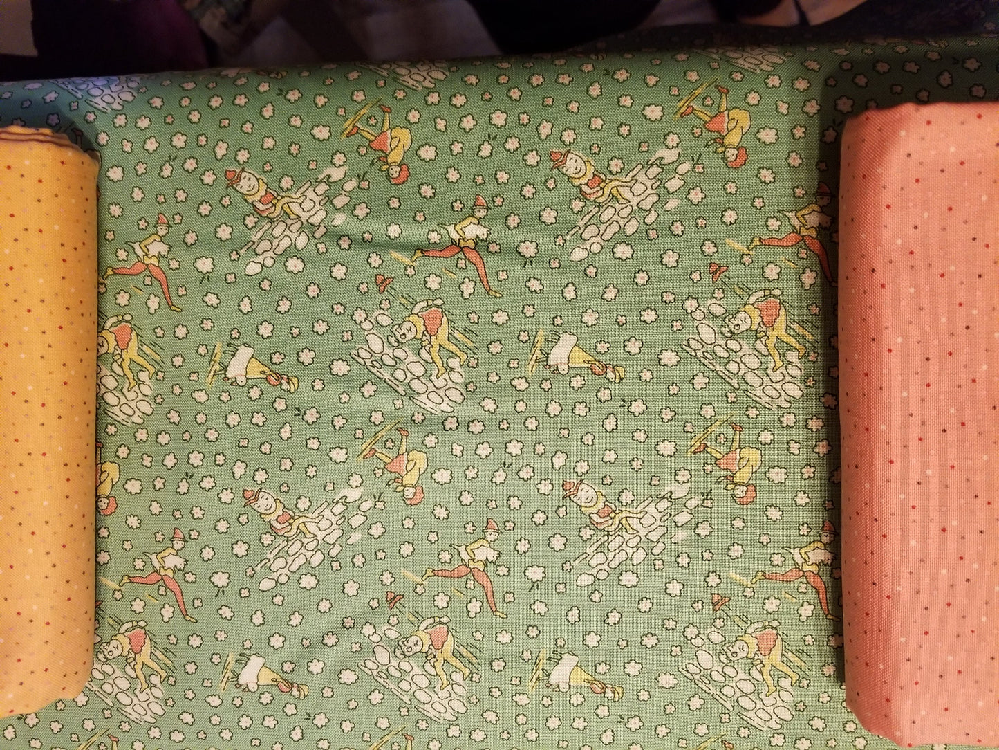 Story Time Humpty Dumpty in green by Maywood Studio. Quilter's Cotton Fabric with vintage style for sewing. Continuous Cuts.