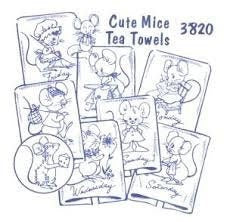 Cute Mice Tea Towels Aunt Martha's #3820 Vintage Embroidery Hot Iron Transfer Cross Stitch Pattern