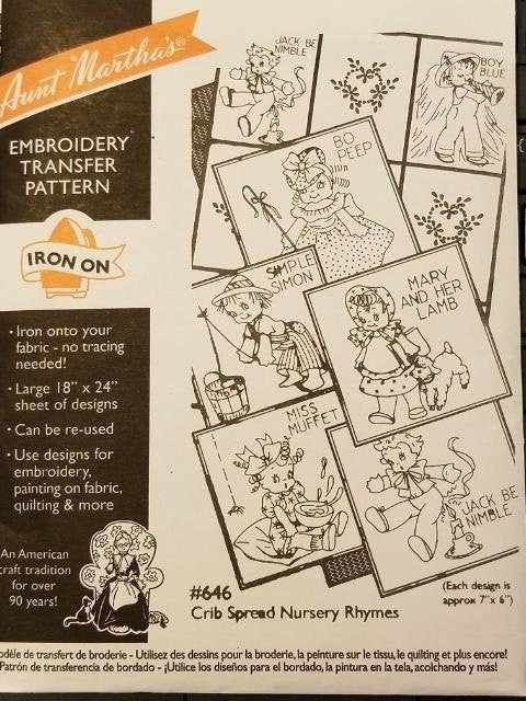 Crib Spread Nursery Rhymes Aunt Martha's #646 Vintage Embroidery Hot Iron Transfer Pattern