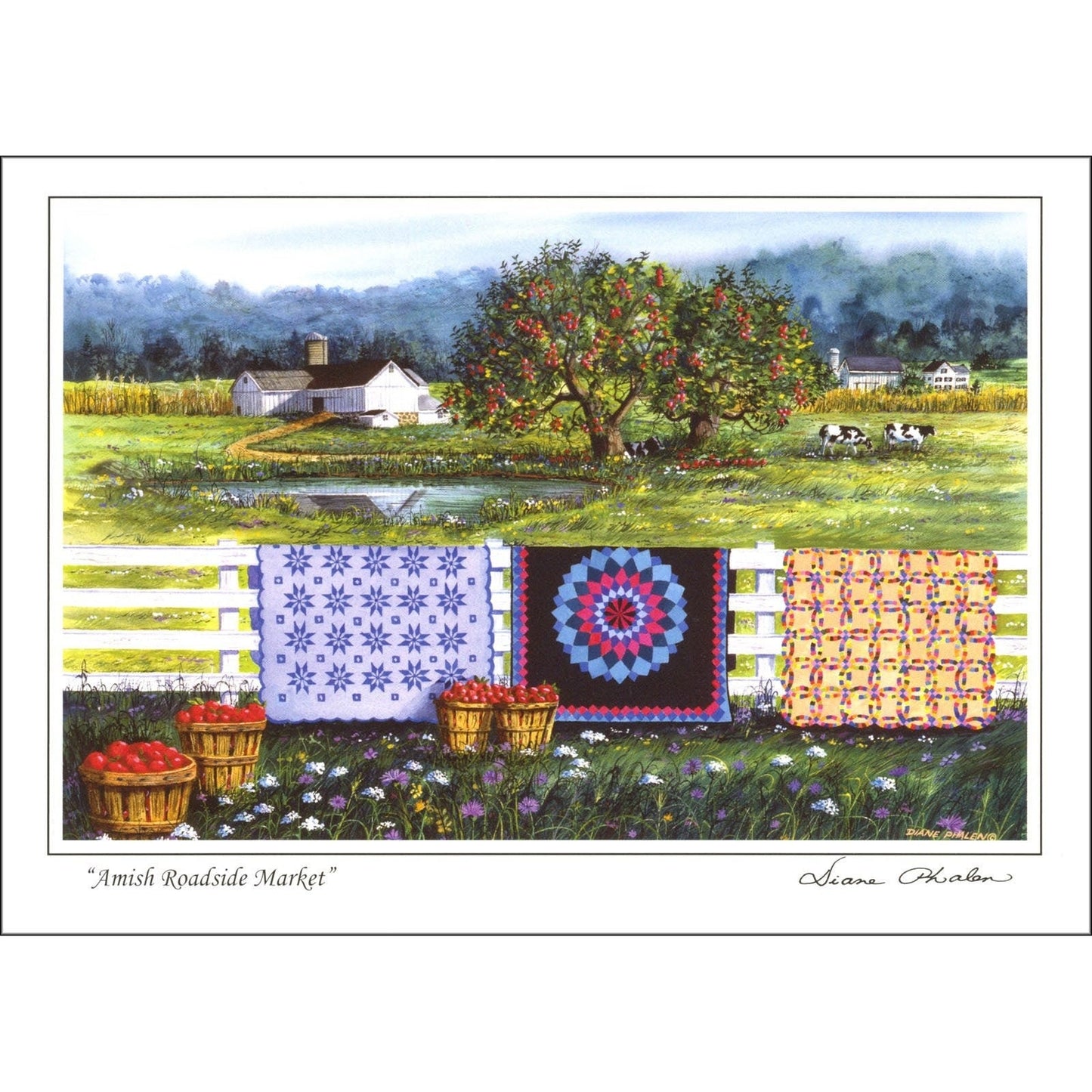 Quilt Themed 6 Note Card Set of Amish Quilt Scenes 3 different prints by Diane Phalen Watercolors