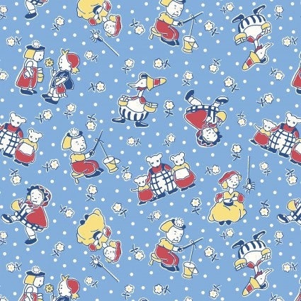 Story Time Mother Goose in Blue by Maywood Studio. Quilter's Cotton Fabric with vintage style for sewing. Continuous Cuts.