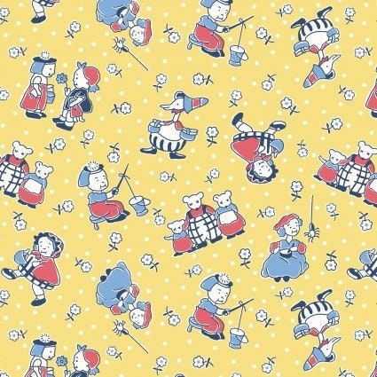 Story Time Mother Goose in Yellow by Maywood Studio. Quilter's Cotton Fabric with vintage style for sewing. Continuous Cuts.