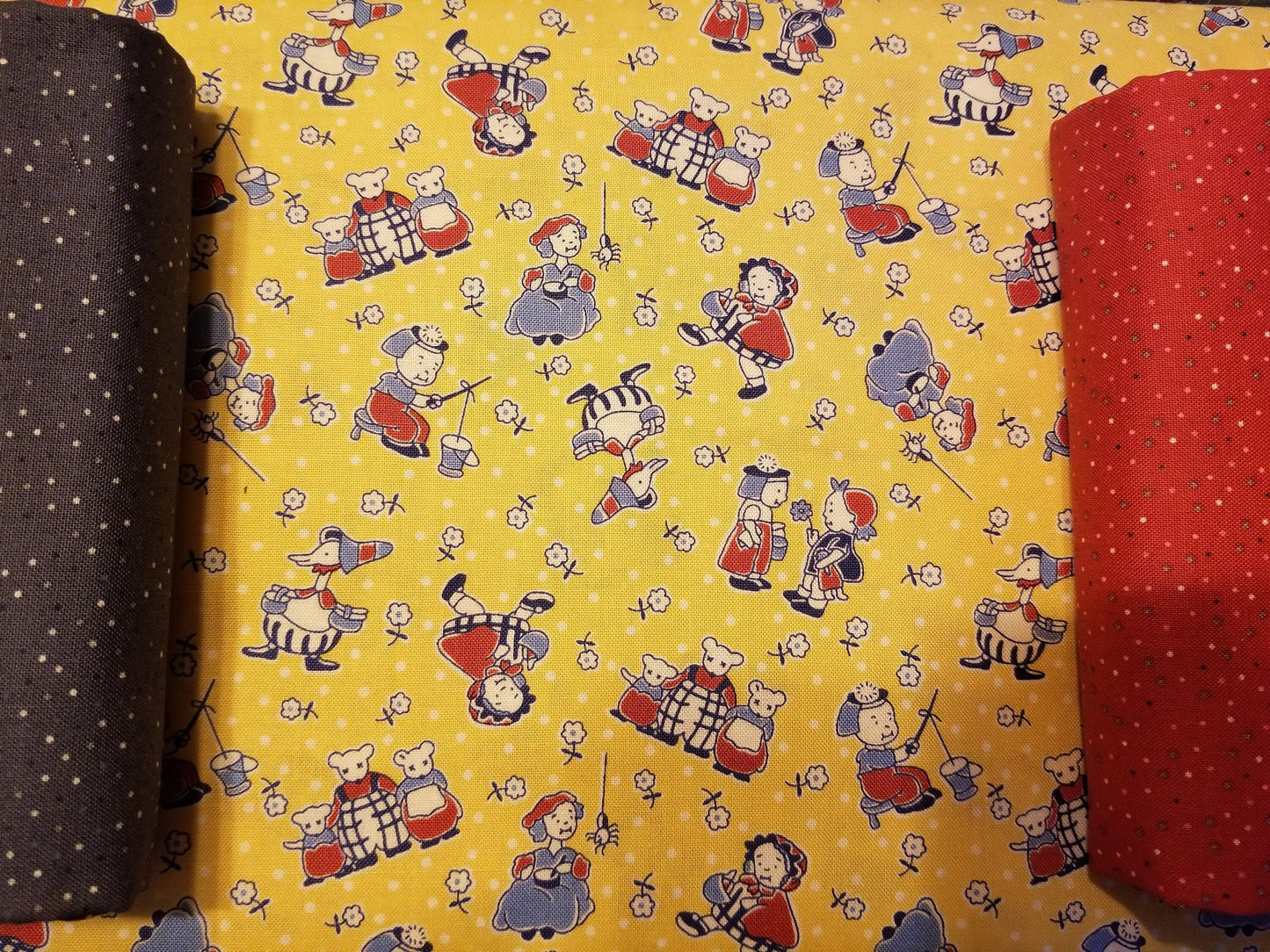 Story Time Mother Goose in Yellow by Maywood Studio. Quilter's Cotton Fabric with vintage style for sewing. Continuous Cuts.