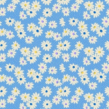 Nana Mae VI Medium Daisies in Blue by Henry Glass continuous cuts of Quilter's Cotton 30's print Fabric