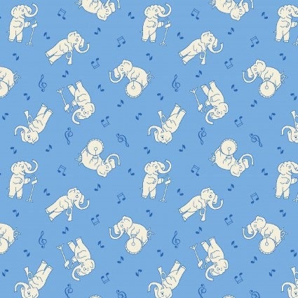 Nana Mae VI Musical Elephants in Blue by Henry Glass continuous cuts of Quilter's Cotton 30's print Fabric