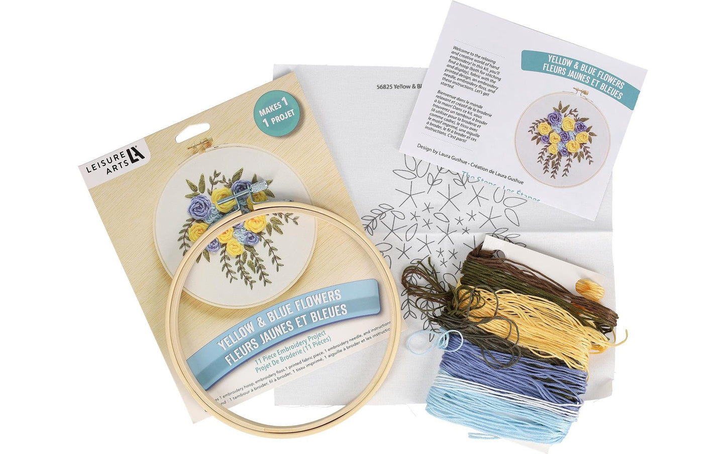Yellow & Blue Flowers Embroidery Kit by Liesure Arts Yellow, Light Blue, and Dark Blue Roses with cascading greenery finished size 6 inches