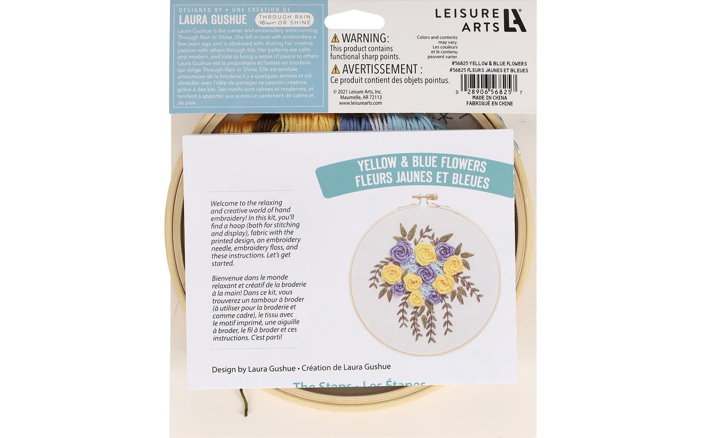 Yellow & Blue Flowers Embroidery Kit by Liesure Arts Yellow, Light Blue, and Dark Blue Roses with cascading greenery finished size 6 inches