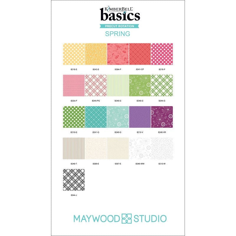 KimberBell Basics - Spring by Maywood Studio Quilter's Cotton Charm Pack. 42 piece collection of 5 inch squares