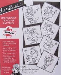 Snowmen for Tea Towels Aunt Martha's #3951 Vintage Embroidery Hot Iron Transfer Pattern