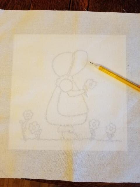 Sunbonnet Sue Spring Pattern, an original wool felt applique onto cotton pattern by the Enchanted Rose Emporium