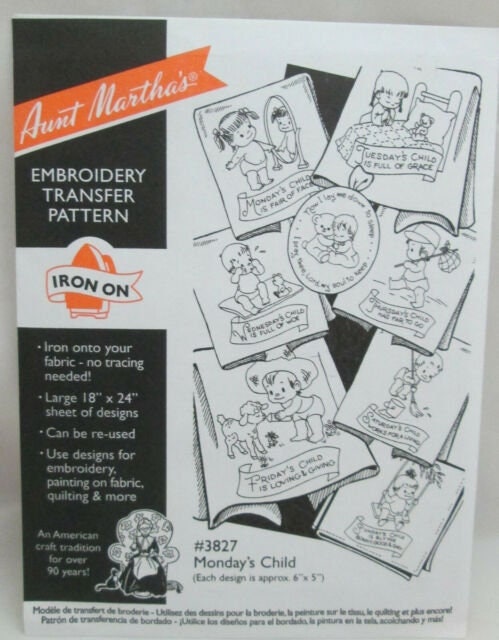 Monday's Child Aunt Martha's #3827 Vintage Embroidery Hot Iron Transfer Pattern