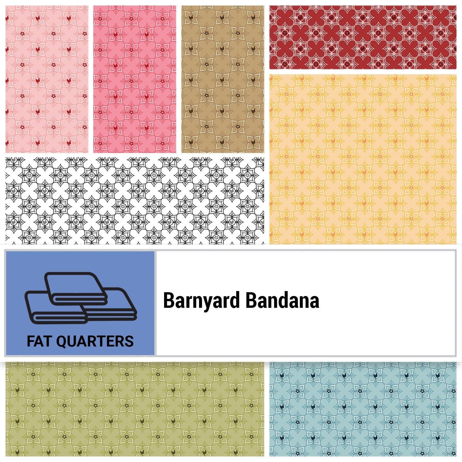 Barnyard Bandana set from Farmhouse Favorites by Poppie Cotton Quilter's Cotton Fat Quarter Bundle. 8 piece set 18 inch x 22 inch squares.