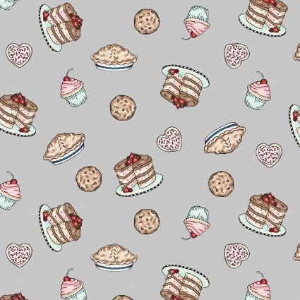 Happiness is Homemade Pastry Toss on gray background by Maywood Studio. Quilter's Cotton Fabric with vintage style. Continuous Cuts.