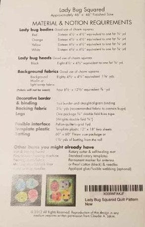 Ladybug Squared Pattern Quilt Pattern for the confident beginner by Claudia A Jakim for 46 x 46 inch quilt that is charm pack friendly