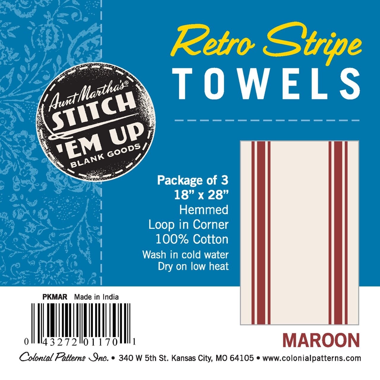 Retro Bold Twill Stripe Dish Towels 18 x 28 inches set of 3 Aunt Martha's 100% Cotton 130 thread count