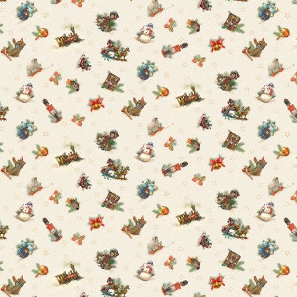 Old Saint Nick Small Toy Tossed in Cream by Henry Glass continuous cuts of Quilter's Cotton Fabric