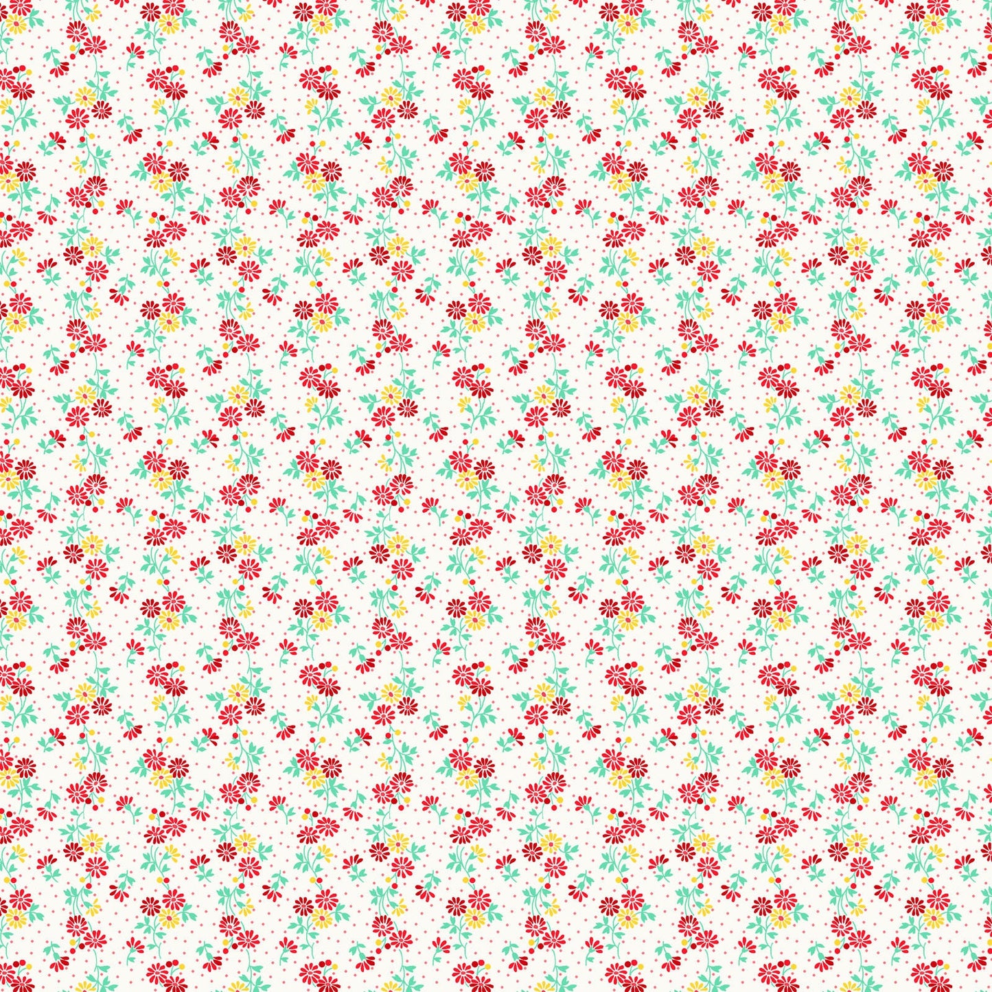 Nana Mae 7 Spaced Daisies in Ceam/Red by Henry Glass. Continuous Cuts of Quilter's Cotton