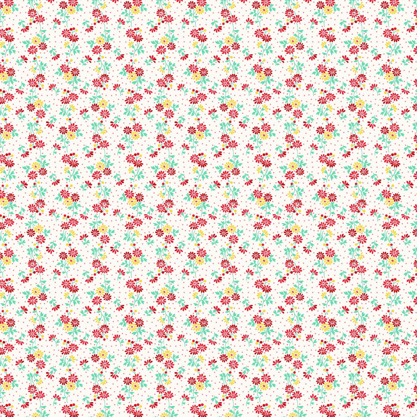 Nana Mae 7 Spaced Daisies in Ceam/Red by Henry Glass. Continuous Cuts of Quilter's Cotton