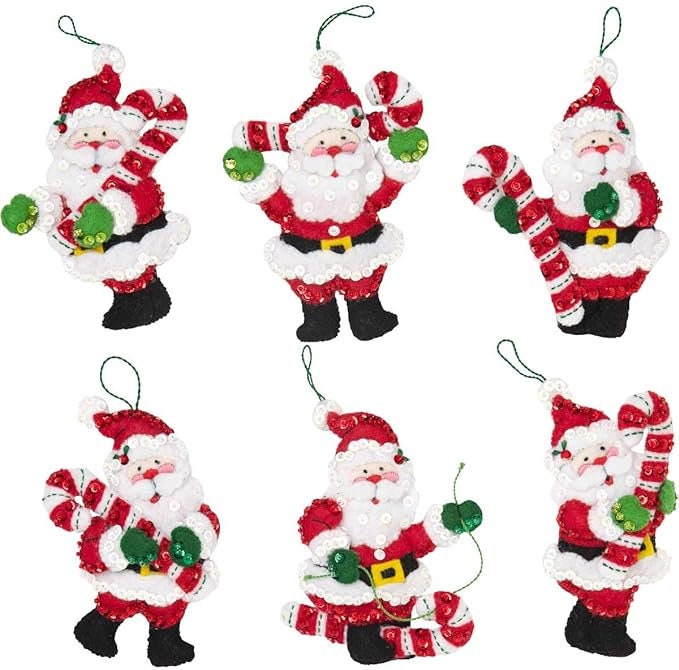 Candy Cane Santa Felt Ornament kit by Bucilla. Easy to make 6 different beaded, sequined ornaments. Made in the USA