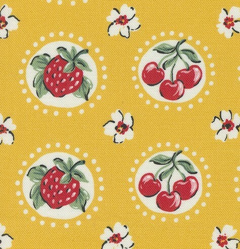 Julia Shortcake Novelty Cherry Strawberry Flower in Lemon Zest by Crystal Manning for Moda. Continuous cuts of Quilter's Cotton Fabric