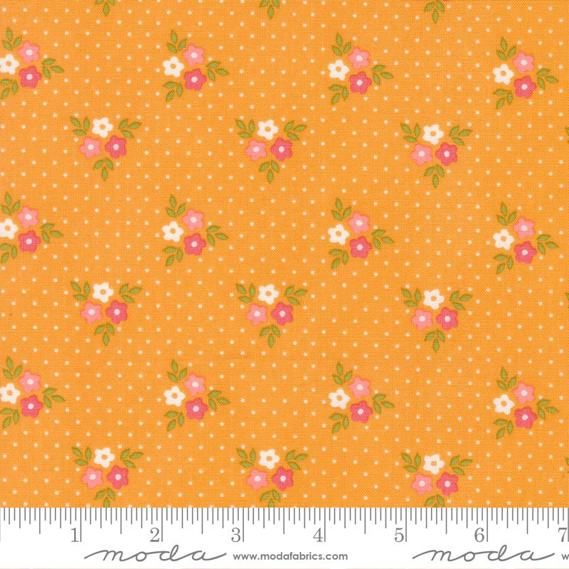 Strawberry Lemonade Bouquets Florals Dots in Apricot by Sherri & Chelsi for Moda. Continuous cuts of Quilter's Cotton Fabric