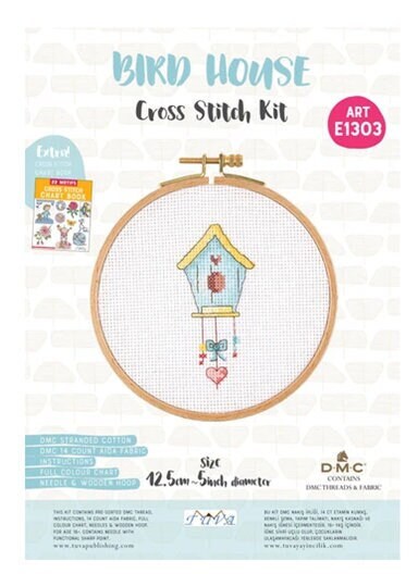 Birdhouse Counted Cross Stitch Kit with DMC Floss and Wooden Hoop by Tuva