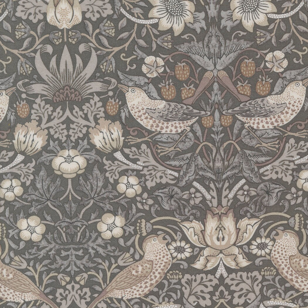 Strawberry Thief Damask Birds in Charcoal from the Ebony Suite collection by Barbara Brackman for Moda. Continuous cuts of Quilter's Cotton