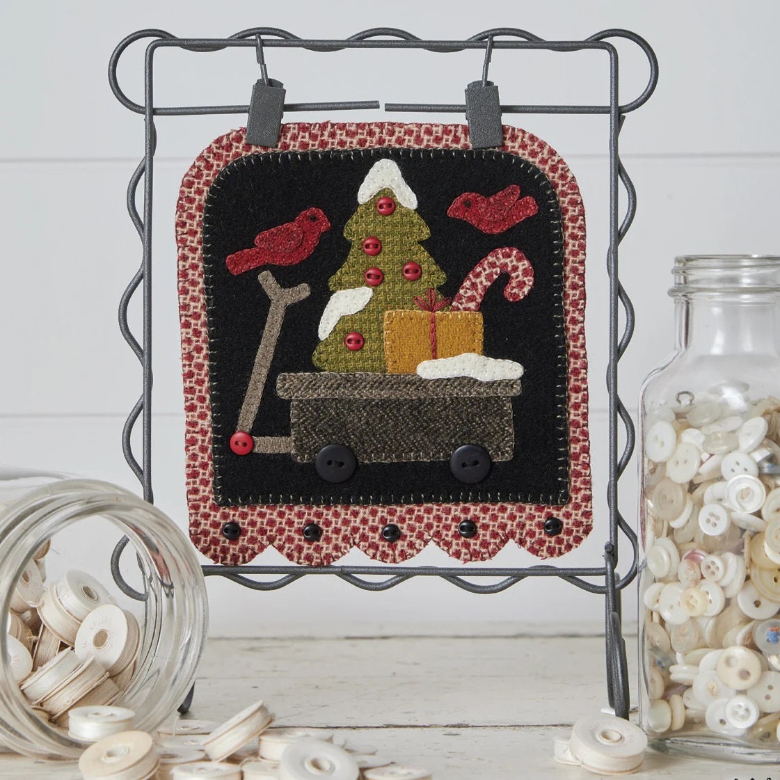 Vintage Mini Wagons December Pattern by Stacy West of Buttermilk Basin, Featuring Christmas Tree, Gifts, and Cardinals 5.5 inch x 6.25 inch