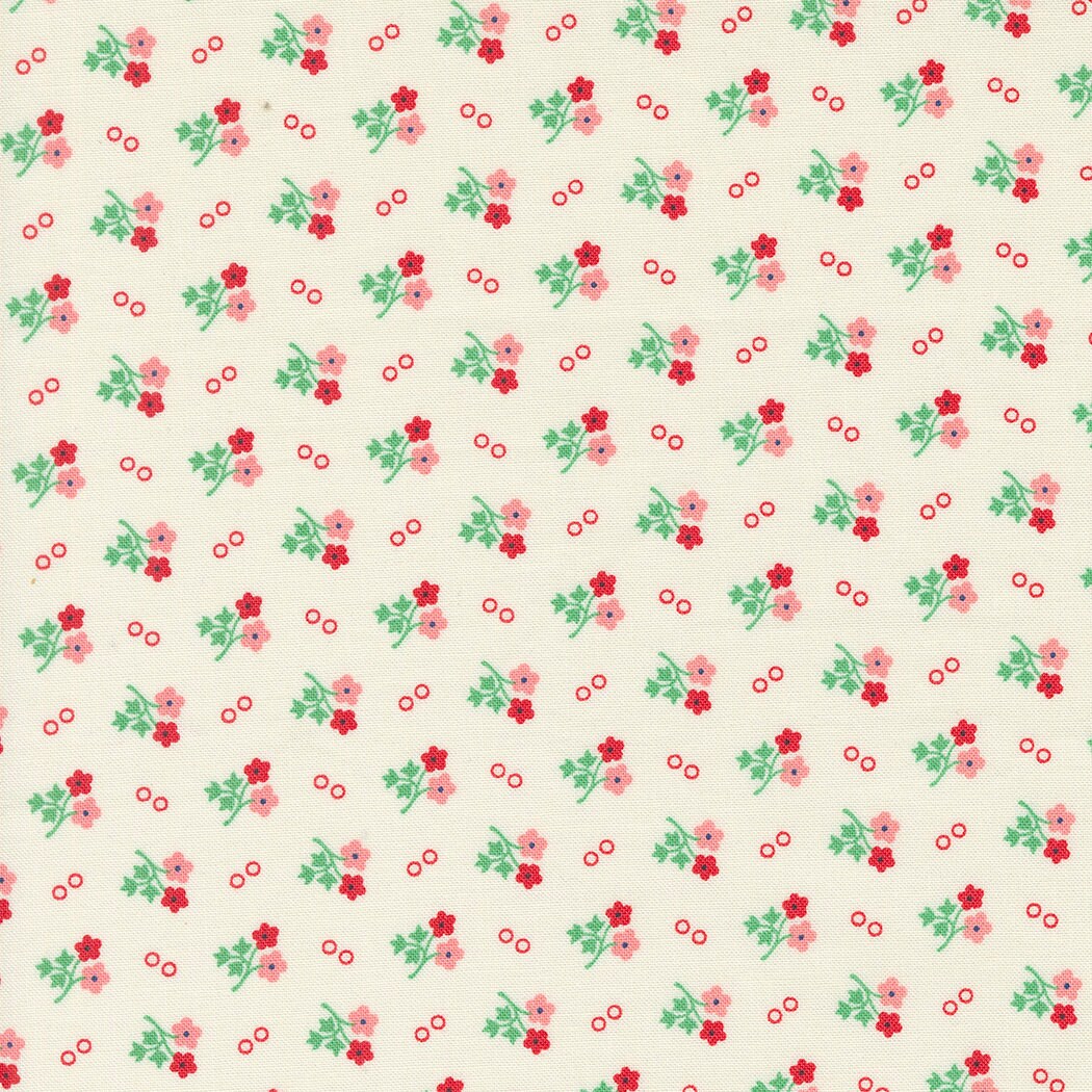 30's Playtime Daisy Dot Ditsy Dot in Eggshell Scarlet by Moda continuous cuts of Quilter's Cotton Fabric