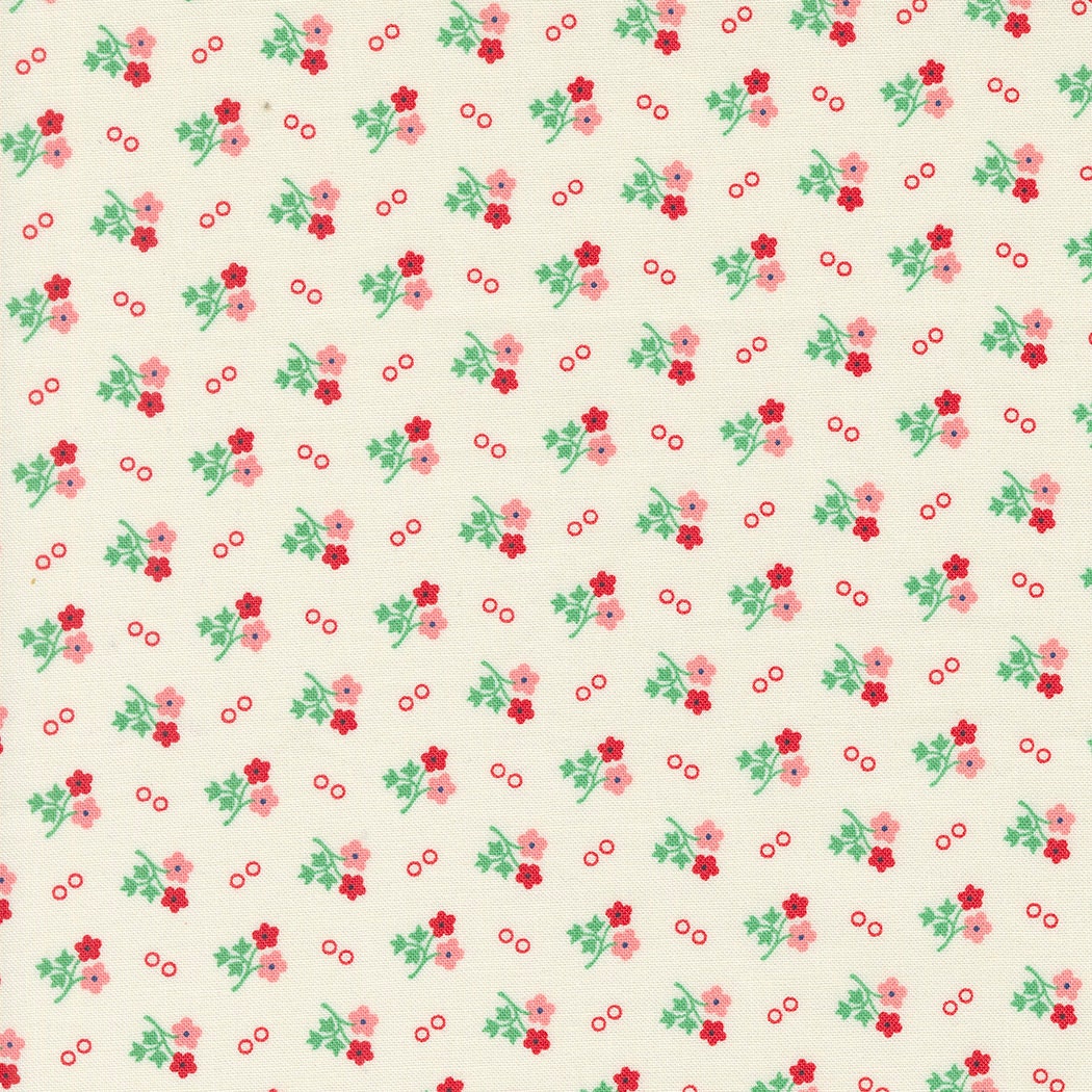30's Playtime Daisy Dot Ditsy Dot in Eggshell Scarlet by Moda continuous cuts of Quilter's Cotton Fabric