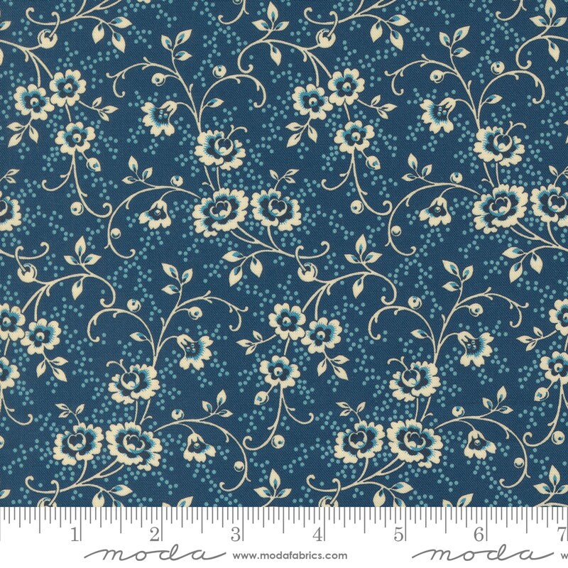 Lydia's Lace Jessie's Bouquet in Indigo by Betsy Chutchian for Moda Fabrics. Continuous cuts of Quilter's Cotton Fabric