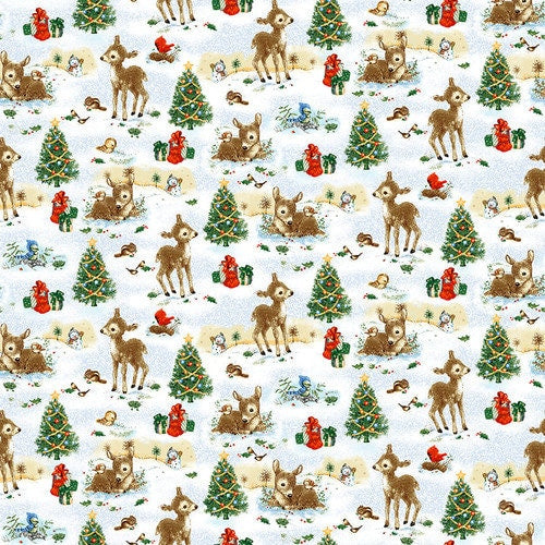 Deers & Trees from Santa's Friends Collection by Robert Giordano for Henry Glass Fabrics continuous cuts of Quilter's Cotton Fabric