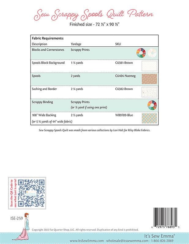 Sew Scrappy Spools pattern by It's Sew Emma. Directions for 14 scrappy blocks to create a 72.5 inch x 90.5 inch quilt.