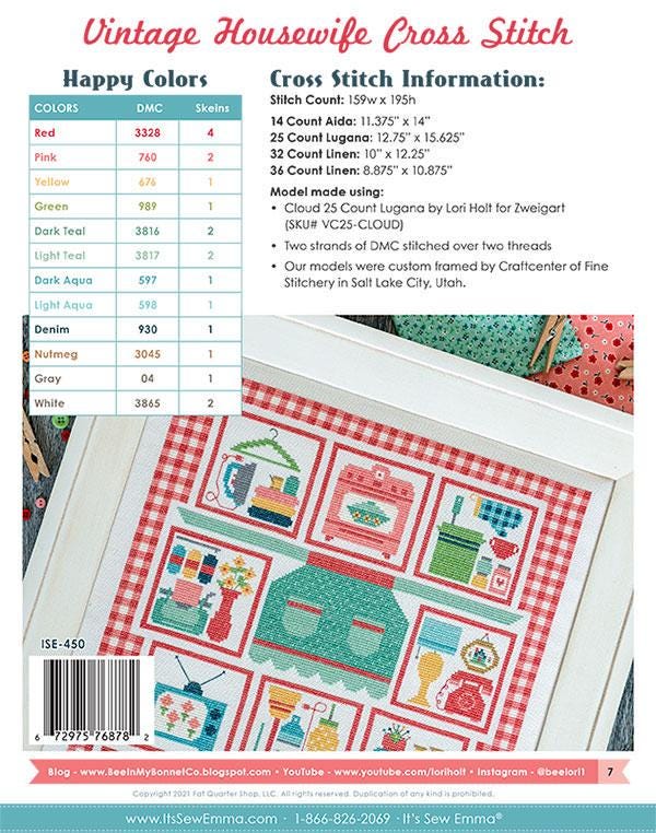 Vintage Housewife Cross Stitch Pattern by Lori Holt of It's Sew Emma Needle Art Pattern for 12.75 inch by 15.625 inch piece.