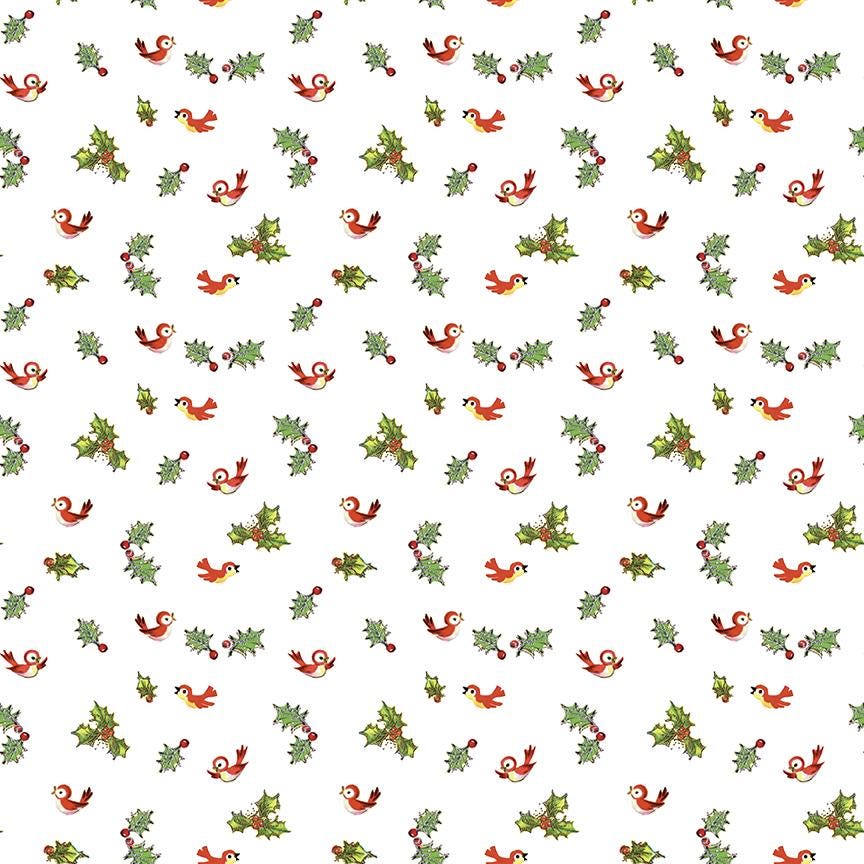 Jingle Bells Holly Birds in White by Lindsay Wilkes for Riley Blake Designs. Continuous Cuts of Quilter's Cotton fabric.