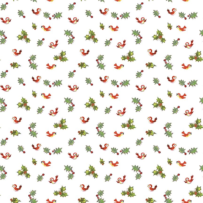 Jingle Bells Holly Birds in White by Lindsay Wilkes for Riley Blake Designs. Continuous Cuts of Quilter's Cotton fabric.