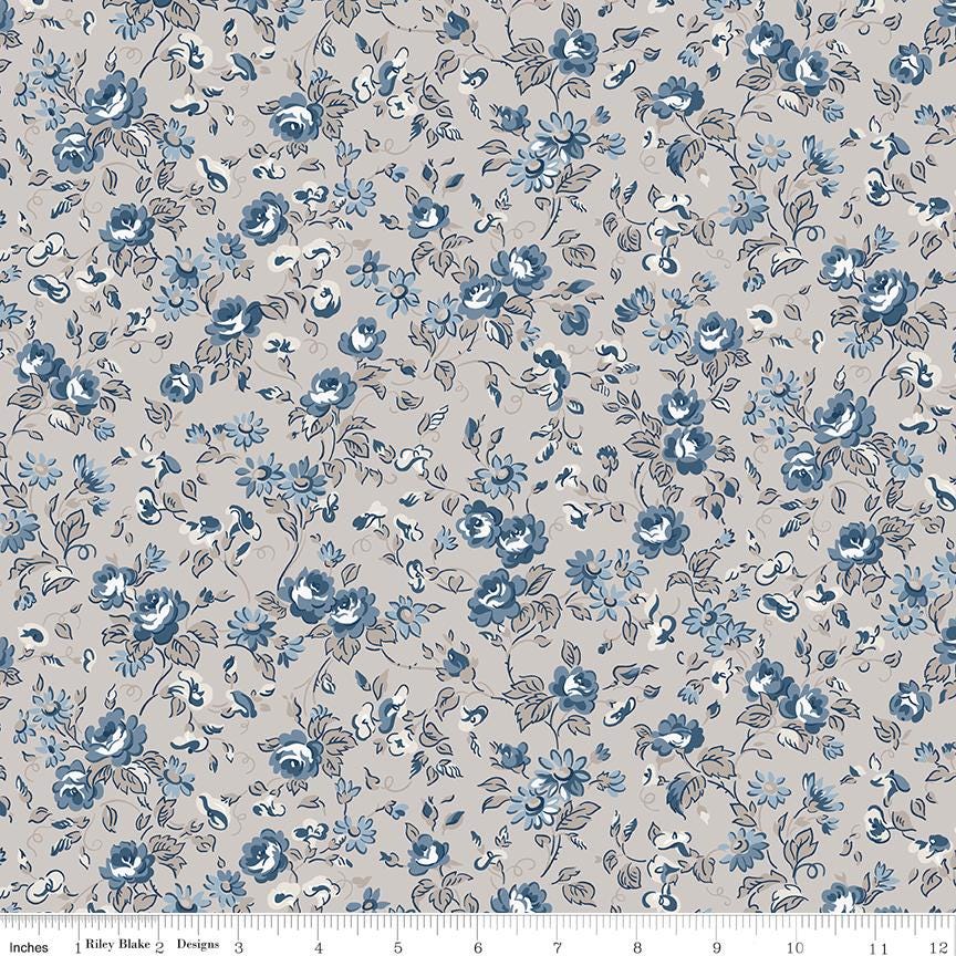 Serenity Blues Flower Toss in Taupe by Gerri Robinson for Riley Blake Designs. Continuous Cuts of Quilter's Cotton fabric.