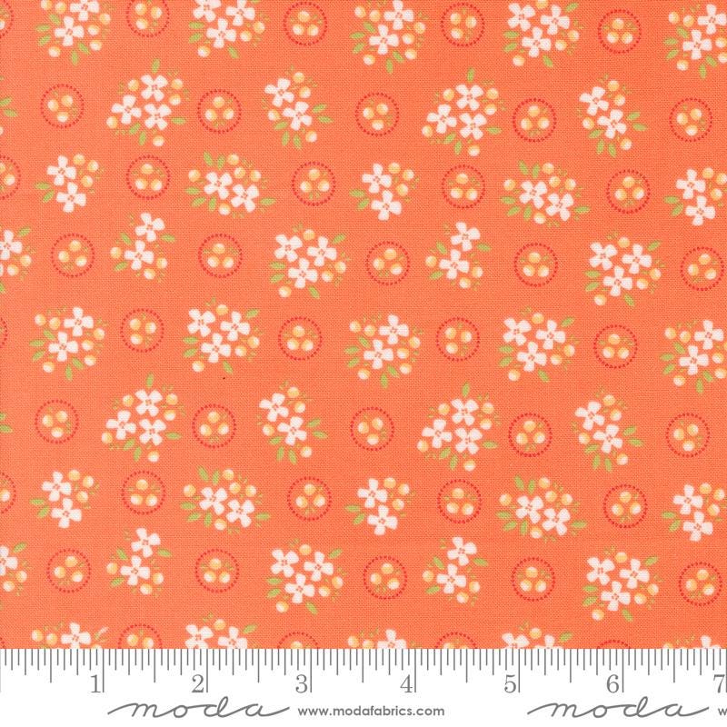 Ring Around Posies Small Floral in Melon from the Cali & Co Collection by Corey Yoder for Moda. Continuous cuts of Quilter's Cotton Fabric
