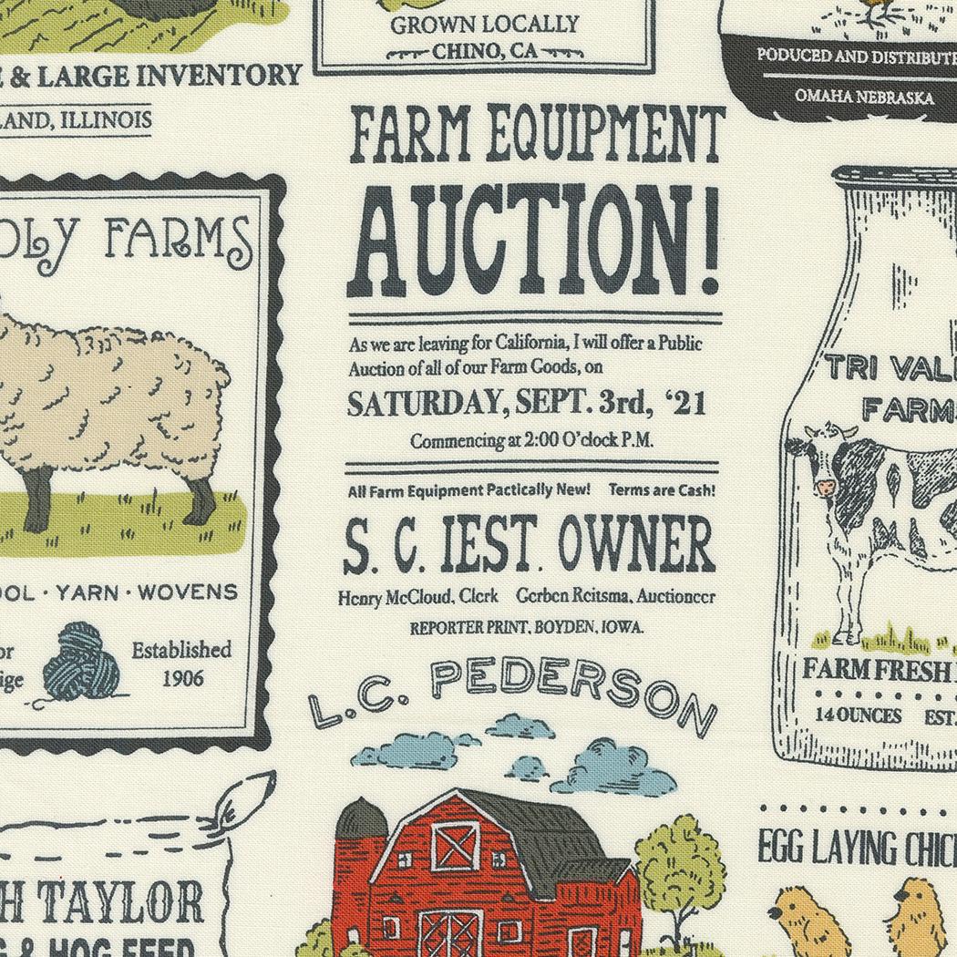 Vintage Farm Advertisement in Porcelain from the Farmstead collection by Stacy Iest Hsu for Moda continuous cuts of Quilter's Cotton Fabric