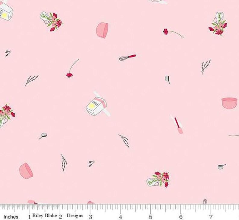 Flour & Flower Kitchen Tools in Pink by Jill Finley for Riley Blake Designs. Continuous cuts of quilter's cotton fabric