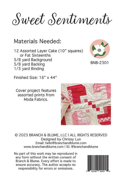 Sweet Sentiments Table Runner Pattern by Chrissy Lux of Branch & Blume. 16 x 44 inch quilt layer cake friendly