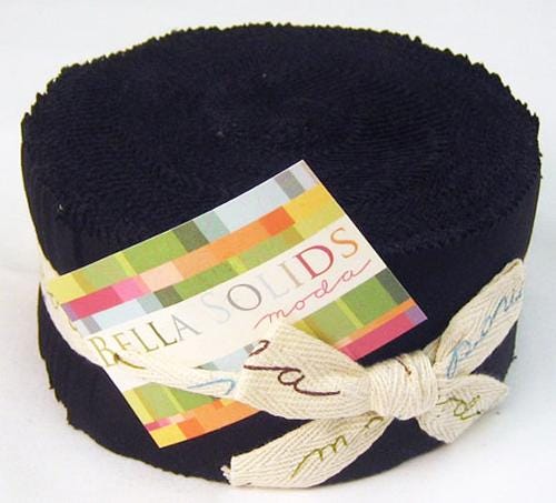 Bella Solids Jelly Roll in Black for Moda Fabrics. Quilter's Cotton Strip set 40 pieces of 2.5 inch by 44 inch black strips