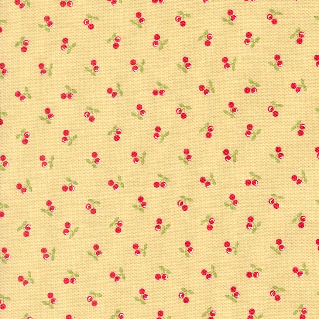 Cherries Novelty in Soft Yellow from the Cali & Co Collection by Corey Yoder for Moda. Continuous cuts of Quilter's Cotton Fabric