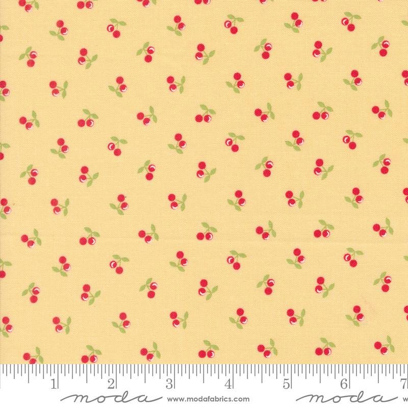 Cherries Novelty in Soft Yellow from the Cali & Co Collection by Corey Yoder for Moda. Continuous cuts of Quilter's Cotton Fabric