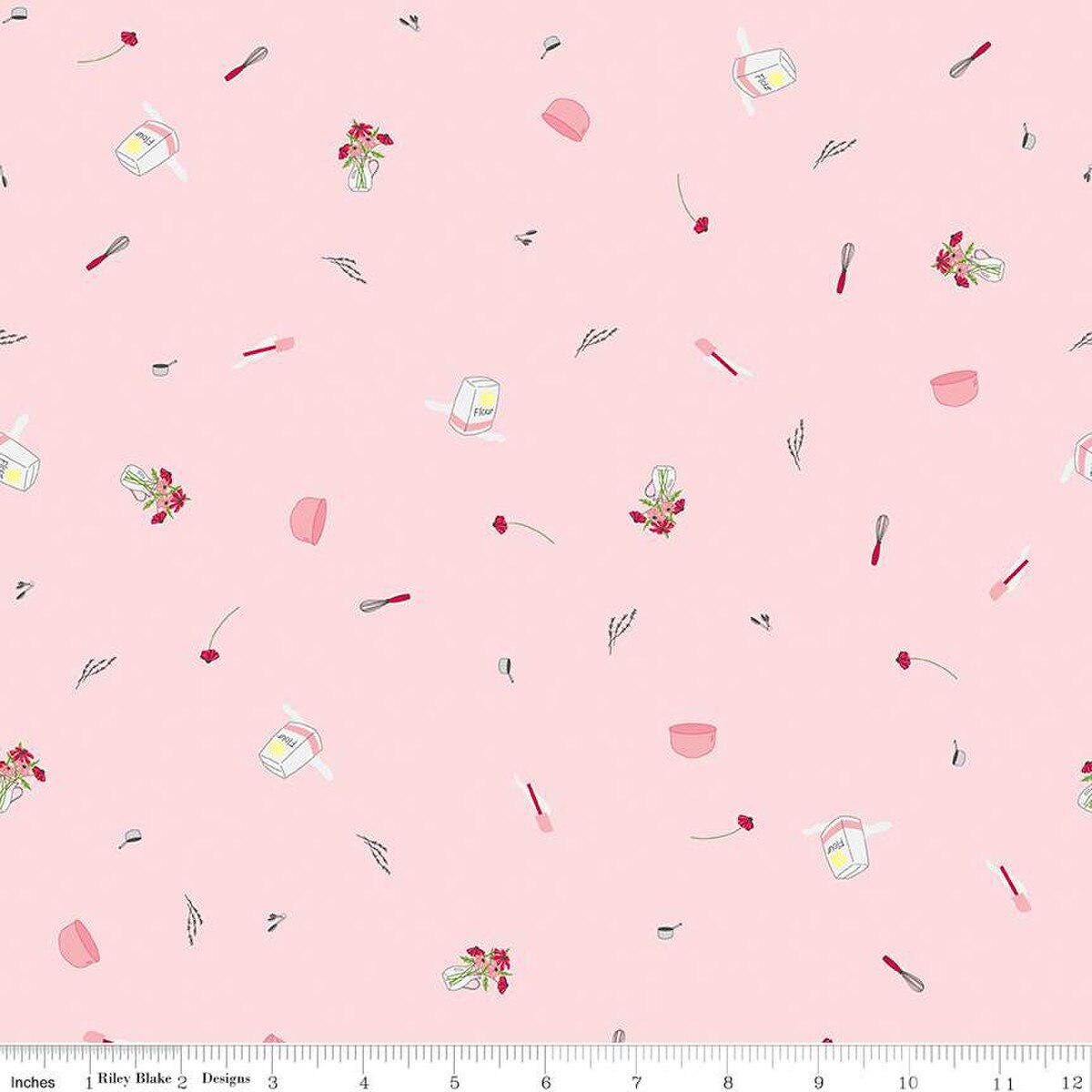 Flour & Flower Kitchen Tools in Pink by Jill Finley for Riley Blake Designs. Continuous cuts of quilter's cotton fabric