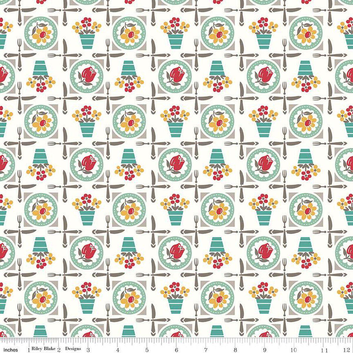 Cook Book Luncheon in Sea Glass by Lori Holt for Riley Blake Designs. Continuous Cuts of Quilter's Cotton fabric.