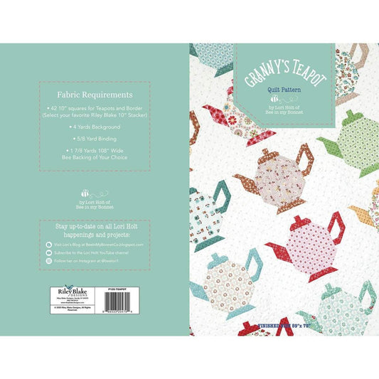 Granny's Teapot Quilt Pattern by Lori Holt of Bee in My Bonnet for Riley Blake Designs.  Directions only for a 59" x 75" quilt.
