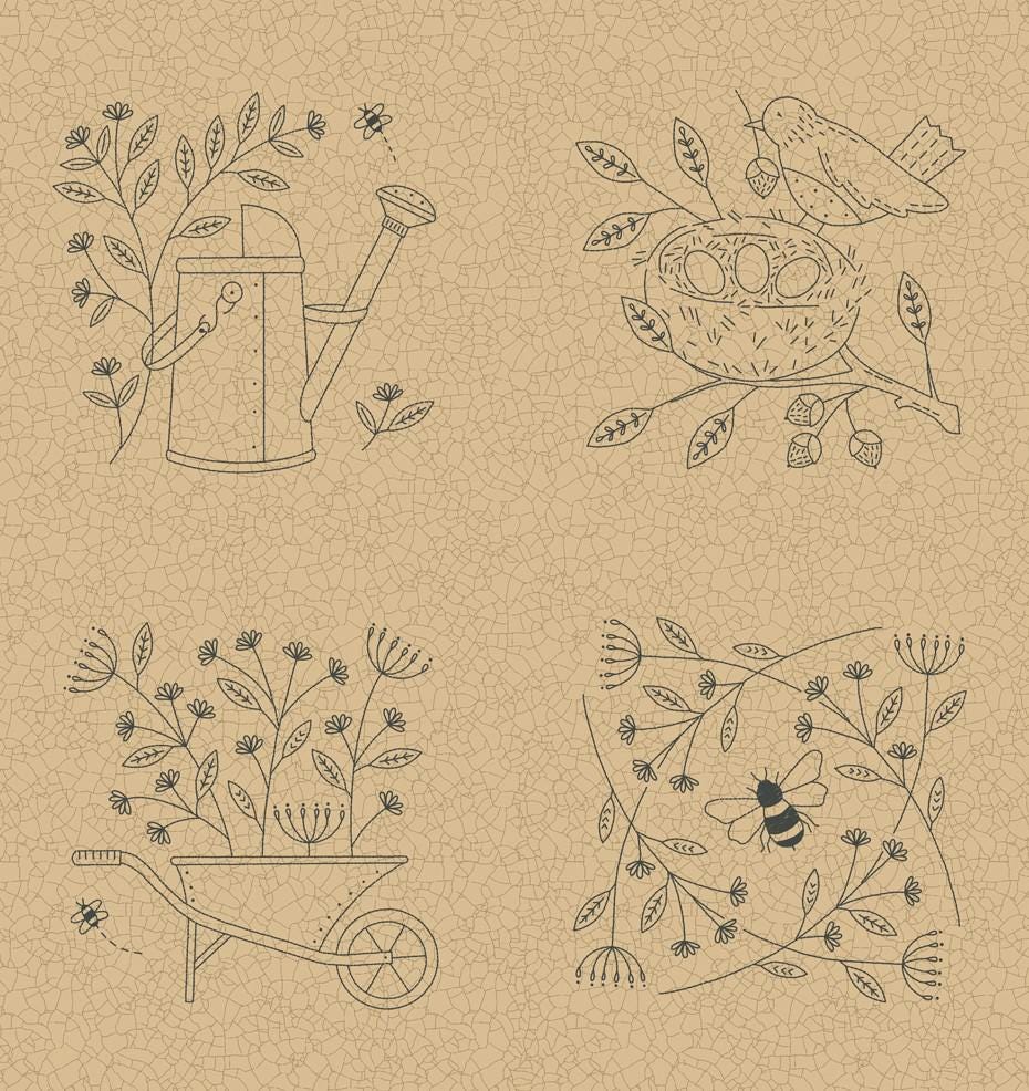 Bloom And Grow Embroidery Panel 24" x 44" Panel by Kathy Schmitz Studio for Moda. Quilter's Cotton 24 inch bordered panel section